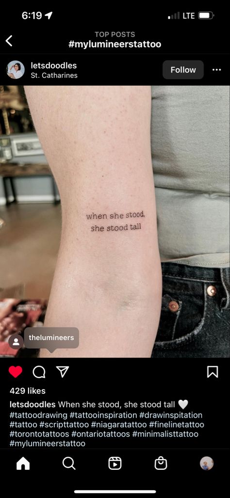 Lumineers Tattoo Lyrics, Stubborn Love Tattoo, Stubborn Love The Lumineers Tattoo, Tattoo Lumineers, Lumineers Tattoos, The Lumineers Tattoo Ideas, Stand Tall Tattoo, The Lumineers Tattoo, Lumineers Tattoo