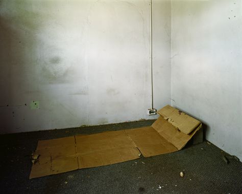 Cardboard bed in an abandoned building © Pieter Hugo Messina, Pieter Hugo, Cardboard Bed, Dirty Room, Dreamcore Weirdcore, Empty Room, Theatre Set, Tate Modern, Humble Abode