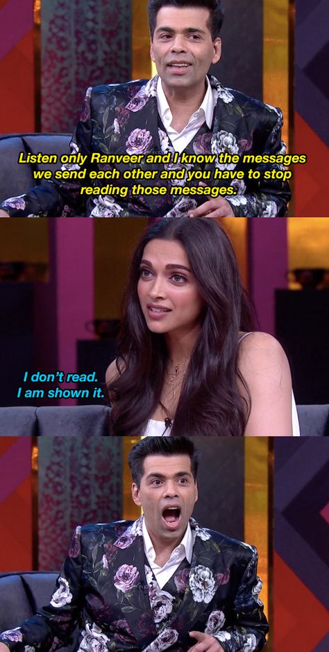 When Karan Johar was shook that Deepika reads the suggestive texts he sends her boyfriend. Humour, Alia Deepika, Bollywood Jokes, Desi Problems, Desi Vibes, Koffee With Karan, Bollywood Memes, Bollywood Funny, Bollywood Quotes