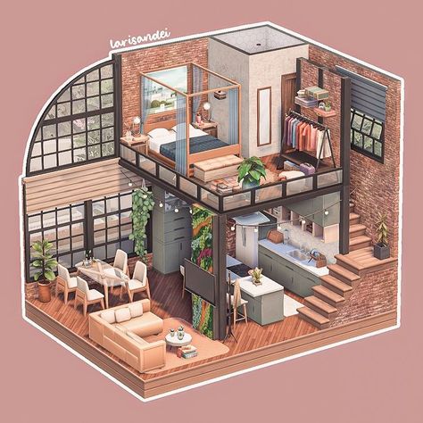 Cosy colourful loft ✨🐱 ◽Gallery ID: larisandei ◽CC / mods: No ◽Reshade: Dove ◽Editing software: Photoshop, Lightroom… | Instagram Sims Studio Apartment, Loft House Floor Plan, Loft Apartment Layout, Loft House Ideas, The Sims 4 Builds, Loft Houses, Sims 4 Loft, Sims 4 Builds, Loft Layout