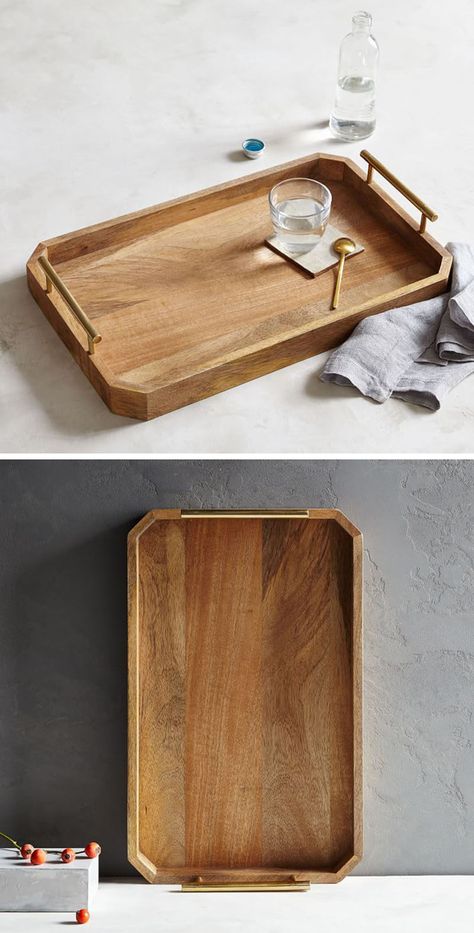 The sides of this wood tray eliminate the worry of things being knocked off, and the bar handles on both sides of the tray make it easy to transport and move when necessary. Wood Tray With Handles, Wood Tray Ideas, Modern Serving Trays, Wood Trays, Modern Wood Furniture, Hout Diy, Wood Serving Tray, Tray Wood, Tray Design