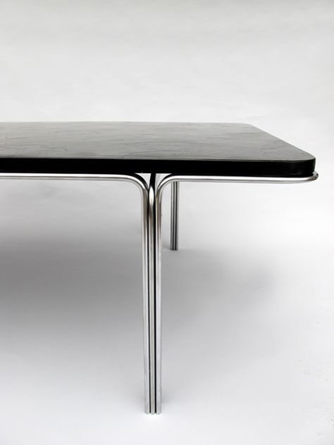 Horst Brüning; Chromed Steel and Slate Coffee Table for Kill, c1970. Stainless Furniture, Table Coffee Shop, Tube Table, Metal Table Frame, Stainless Table, Slate Coffee Table, Chrome Dining Table, Modern Industrial Furniture, Stainless Steel Coffee Table