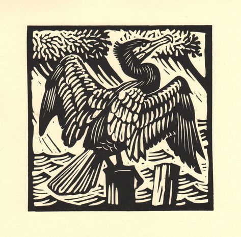 Cormorant Art, Birds Linocut, Linocut Birds, Traditional Tattoo Cuff, Linocut Bird, Bird Linocut, Richard Allen, Woodcut Printing, Art Deco Tattoo