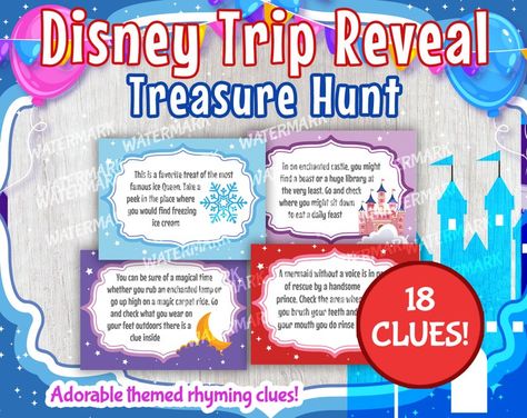 Disney Trip Reveal Scavenger Hunt Disney Trip Reveal Treasure | Etsy Trip Reveal Scavenger Hunt, Disney Trip Reveal, Disney Reveal, Clue Cards, Treasure Hunt Clues, Scavenger Hunt Clues, Disney Treasures, Disney Boys, Resort Vacation