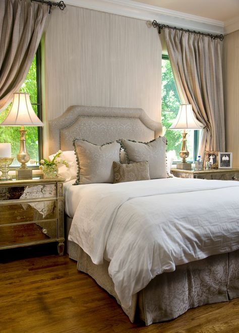 neutrals create tran charisma design Windows Either Side Of Bed, Curtains On Each Side Of Bed, Tiny Windows Above Bed, Bed Framed By Windows, Windows Both Sides Of Bed, Windows Side Bed Design, Curtains On Two Windows Side By Side, Bed Between Two Windows Curtains, Bed Flanked By Windows