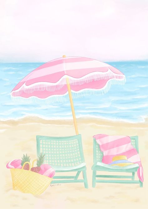 This print features an artwork based on those beach vibes we know and love. Big Art Prints, Tapeta Z Hello Kitty, Summer Umbrella, Umbrella Beach, Umbrella Illustration, Beach Mood, Beach Drawing, Pastel Beach, Beach Artwork