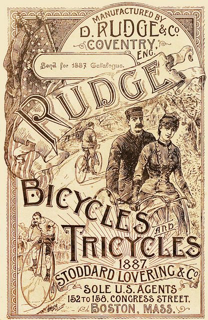 Publicidade vitoriana para Rudge Bicycles and Tires, 1887. Um estilo victoriano estimulante visualmente, carregado de detalhe, quase um antónimo do estilo internacional. Pouco espaço branco, muita profundidade tipográfica, detalhes decorativos. Estes posters eram concebidos a partir de ilustrações stock que poderiam ser compradas e modificadas, existiam os modelos tipicos com lettering em arco, drop shadows, filigrana, entre outros. Vintage Logos, Vintage Graphic Design, Grafika Vintage, Logos Retro, Poster Advertising, Postal Vintage, Bike Poster, Old Advertisements, Images Vintage