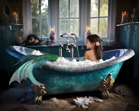 Little mermaids everywhere will love this bathtub mockup! It comes with or without a tail and bubbles. Just add your child for an adobale photo! Mermaid Bathroom Wallpaper, Bubble Bath Painting, Mermaid In Bathtub, Mermaid Bathtub, Bathtub With Bubbles, Purple Window, Mermaid Bath, Bathtub Photography, Bath Paint