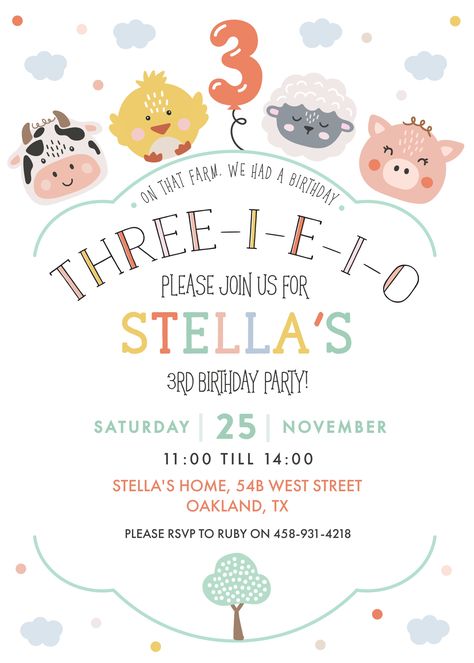 Three-i-e-i-o Farm Theme Birthday Invite For Three Year Old, Customisable Farmyard Party, Kids Editable Invitation Three I Ei O Party, Three Ieio Theme, One And Three Year Old Birthday Party, Triplets Birthday Party Ideas, Birthday 3 Year Theme, Old Mcdonald 3rd Birthday Party, Three Year Old Girl Birthday Theme, Girl Three Year Old Birthday Theme, Three I E I O Party Girl