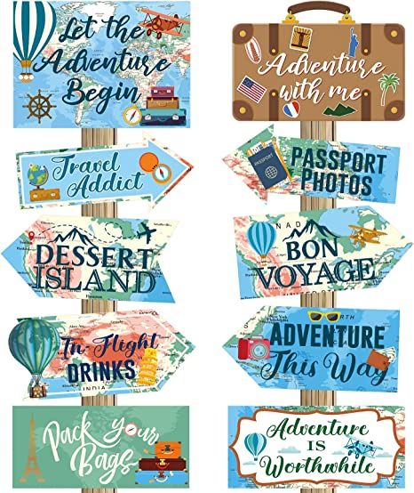 Bon Voyage Party Decorations, Travel Party Decorations, Travel Themed Party, Bon Voyage Party, Themed Party Decorations, Adventure Signs, Adventure Party, Travel Party Theme, Adventure Baby Shower