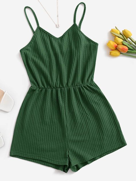 Dark Green Casual Collar Sleeveless Fabric Plain Cami Embellished Slight Stretch Summer Women Jumpsuits & Bodysuits Comfy Jumpsuits, Cami Jumpsuit, Cami Romper, Green Rompers, Pink Rompers, Knitted Romper, Sleeved Romper, Short Rompers, Sheer Fabrics