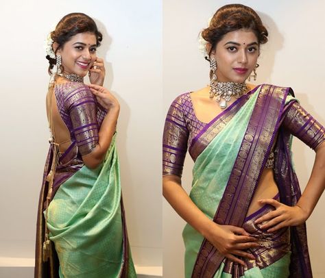 contrasting blouse colors with green sarees Contrast Colour Combination Saree For Green, Pista Green Contrast Colour, Green Color Saree Contrast Blouse, Pista Green Saree Combination Blouse, Pastel Colours Sarees, Pista Saree Contrast Blouse, Kanchi Pattu Saree Blouse Designs, Pastel Green Blouse Designs, Green Silk Saree Look Traditional