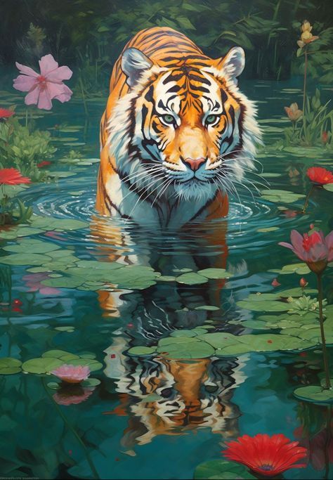 Tiger In Water, Abstract Painting Acrylic Modern, Big Cats Photography, Botanisk Illustration, Tiger Artwork, Tiger Painting, Seni Cat Air, Tiger Art, Brace Yourself