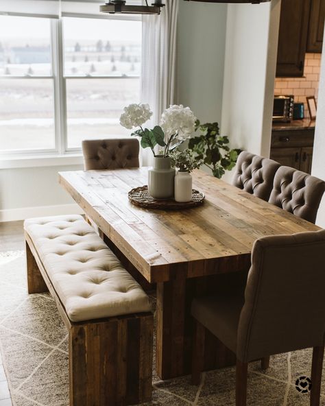 Dining Room Table Set With Bench, Bench Dining Table Decor, Dining Table With Carpet, Essen, Dining Room Table With A Bench, Wooden Bench Table Dining Rooms, Emerson Dining Table West Elm, Kitchen Dinner Table Ideas, Dining Table For Six