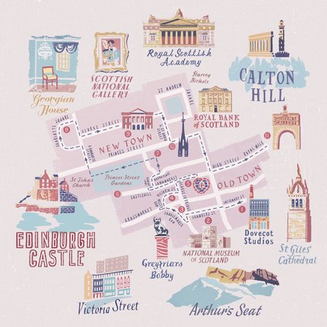 Edinburgh Map Illustration, Edinburgh Illustration, Edinburgh Map, Illustration Map, Spot Illustration, Selvedge Magazine, Illustrated Maps, Travel Infographic, Map Painting