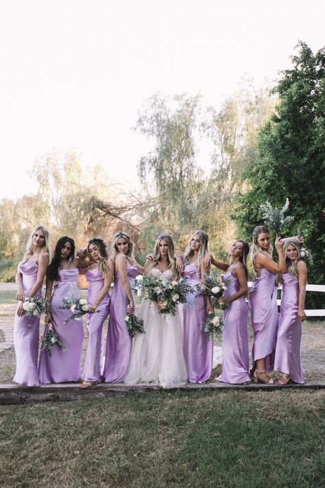 Orchid Color Bridesmaid Dresses, Subtle Tangled Themed Wedding, Lilac And Gold Bridesmaid Dresses, Tangled Bridesmaid Dresses, Fairy Tale Bridesmaid Dress, Lavendar Wedding Aesthetic, Tangled Rapunzel Wedding Dress, Tangled Wedding Bridesmaid Dresses, Cool Toned Wedding Colour Palettes