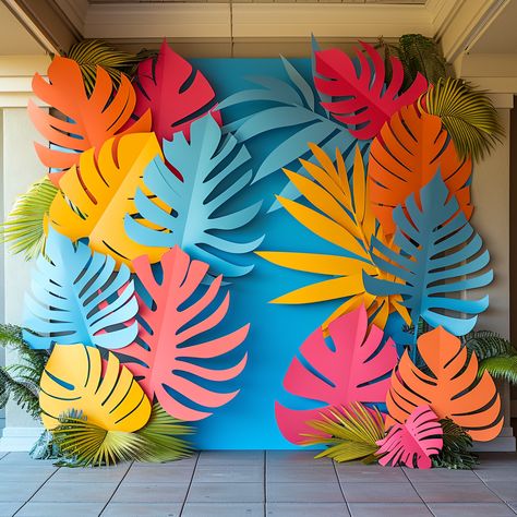 Snap & Share: Vibrant Backdrops for a Tropical Event Tropical Backdrop Birthday, Summer Vibes Decoration Party, Tropical Photobooth Ideas, Summer Backdrop Diy, Paradise Decorations Party, Tiki Photo Booth Ideas, Hawaii Party Decorations Ideas, Tropical Luau Birthday Party, Margaritaville Photo Backdrop