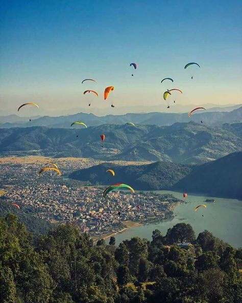 Paragliding, Pokhara, Nepal Nepal Aesthetic, Nepal Pokhara, Mountain Outline, Cheap Countries To Travel, Grad Trip, Art Learning, Top Ranking, See World, Luck Quotes