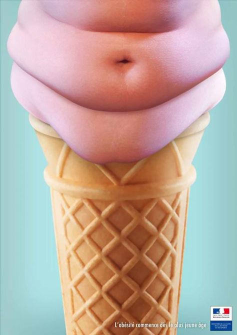 "L'obesite commence des le plus jeune age", in English "Obesity starts at a young age" This brilliant print advertisement was done for the French Ministry of Health, highlighting the awareness on obesity. The concept, illustration, art direction and the copy was done by David Lesage. Ice cream anyone? Sugar Scrubs, Guerrilla Marketing, Clever Advertising, 광고 디자인, Ppt Design, Plakat Design, Childhood Obesity, Guerilla Marketing, Best Ads