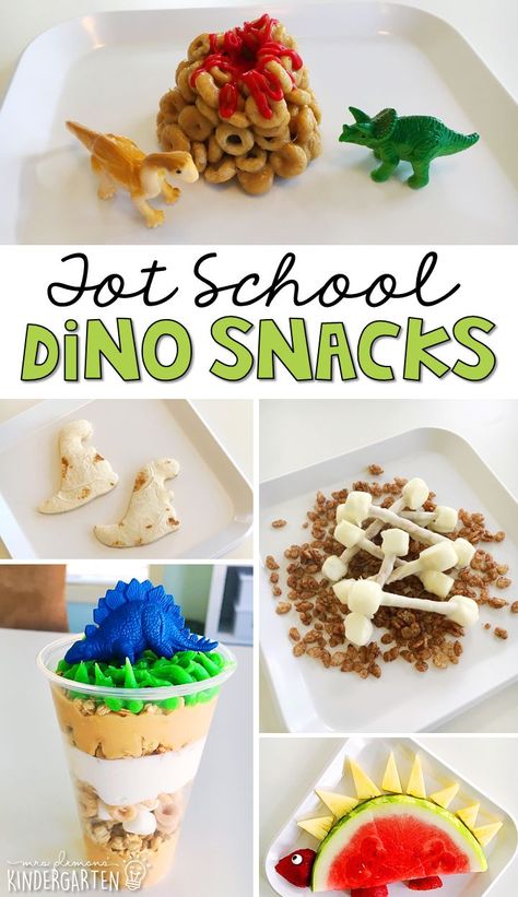 These yummy snacks are perfect for a dinosaur theme in tot school, preschool, or kindergarten! Montessori, Essen, Dinosaur Snacks, Dinosaurs Kindergarten, Dinosaur Week, Dinosaur Food, Dinosaur Theme Preschool, Dinosaur Activities Preschool, Theme Snack