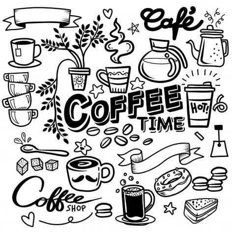 Sketch Notes Doodles, Cafe Background, Papan Menu, Coffee Background, Coffee Doodle, Vector Coffee, Mug Drawing, Cafe Wall Art, Cinnamon Syrup