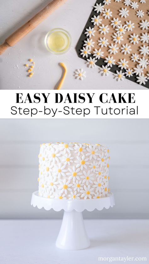 Heb Birthday Cake, How To Make Fondant Daisies, Two Groovy Birthday Smash Cake, White Cake With Daisies, Daisy Fondant Flowers, Daisy Shaped Food, Edible Daisy Flowers, Daisy Cake Birthday Simple, Easy Daisy Cake