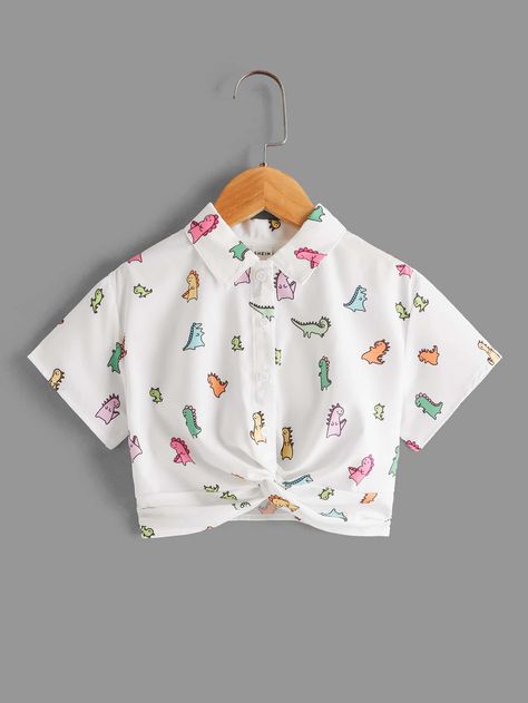 White Casual  Short Sleeve Polyester Cartoon Shirt Embellished Non-Stretch  Toddler Girls Clothing Short Blouse Design, Frock Design For Stitching, Twist Blouse, Shirt Design For Girls, Blouse Casual Fashion, Girl Dress Patterns, Girls Shirt