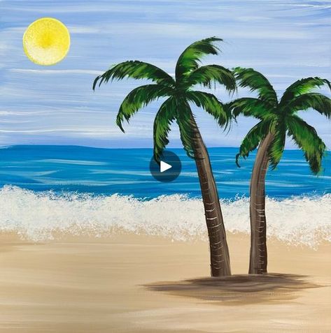 Beach Painting Tutorial, Paint Palm Trees, Easy Beach Painting, Walmart Paint, Tree Painting Easy, Tropical Beach Painting, Palm Tree Background, Beach Canvas Paintings, Teal Painting