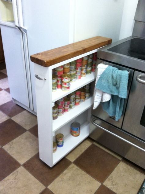 Made for that awkward space between fridge and stove. Perfect for cat food! Farmhouse Storage Cabinets, Small Stove, Farmhouse Storage, Kitchens Ideas Remodeling, Fridge Storage, Indoor Cats, Diy Kitchen Storage, Barndominium Ideas, Cabinets Kitchen