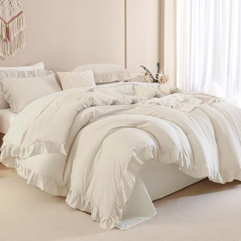 PRICES MAY VARY. 【3 Pieces Beige Comforter Set】Available in ruffle comforter king: 1 ruffled comforter (104x90Inch), 2 pillowcases (20×36Inch); Great gift idea for all your loved ones on special occasions; surprise your friends and family members with this ruffle comforter sets. 【Stylish Ruffled Comforter】Andency ruffled comforter set brings graceful comfort to your bedding. Compared with other normal comforters, our ruffle comforter not only makes the whole bedding look more tasteful and stylis Comforter Sets For Twin Beds, Bed Sets Neutral, Bed Sheets And Comforters, Cozy Bed Comforters, Puffy Bedding Comforter, Full Bed Bedding, Fluffy Bed Comforters, Fluffy White Comforter Aesthetic, Full Size Bedding Sets