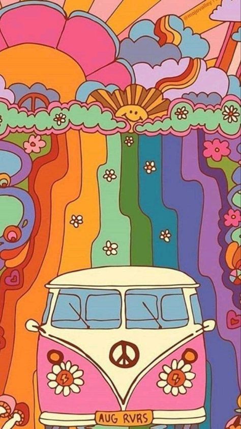 70s Aesthetic Wallpaper, Indie Kid Room, Pintura Hippie, Bus Drawing, Hippie Party, Disney Paintings, Hippie Aesthetic, Disney Collage, Hippie Painting