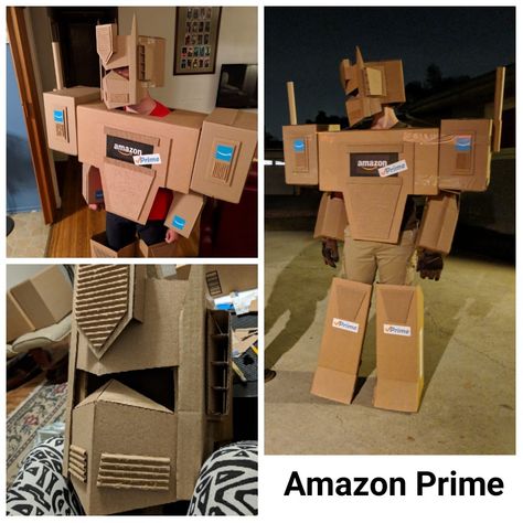 Amazon Prime Halloween Costume DIY Optimus Prime Costume Diy, Robot Costume Diy, Optimus Prime Halloween Costume, Cardboard Box Costume, Paper Mask Diy, Optimus Prime Costume, Boys Halloween Costumes Diy, Rescue Bots Birthday, Halloween Costumes 2022