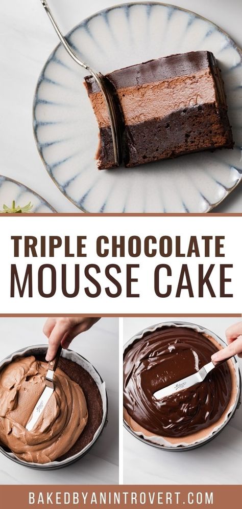 Top of image shows a slice of chocolate mousse cake on a plate. The bottom images show a hand frosting the cake. Triple Chocolate Mousse, Triple Chocolate Mousse Cake, Chocolate Mousse Cake, Triple Chocolate, Mousse Cake, Baking Sweets, Food Cakes, Chocolate Mousse, How Sweet Eats