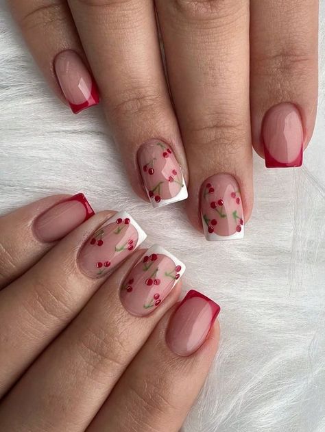 Waitress Nail Ideas, Gel Nail Designs Cherry, Nail Designs With Cherries, Cherry Coffin Nails, Strawberry And Cherry Nails, Short Red Nails With Design, Nail Art Designs Cherry, Cherry Square Nails, Cherry Print Nails