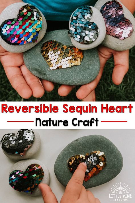 Reversible Sequin Heart Nature Craft • Little Pine Learners Crafts With Sequins, Sequin Crafts Ideas Diy Projects, Sequin Crafts Diy, Sequins Craft, Sequins Crafts, Flower Sequins, Heart Nature, Sequin Crafts, Fabric Covered Boxes