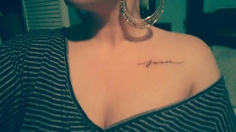 Name Collarbone Tattoo, Small Name Tattoos On Chest, Collarbone Tattoos For Women Writing, Names On Collar Bone Tattoo, Heartbeat Tattoo On Chest, Name Tattoo On Collarbone, Initial Tattoo On Collar Bone, Script Chest Tattoo Female, Collarbone Name Tattoo Women