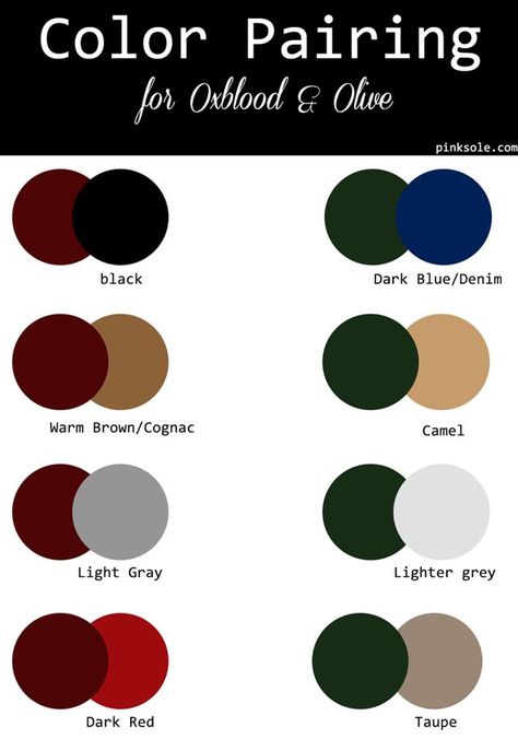 Color Crush :: Oxblood X Olive Black And Burgundy Fall Outfits, Oxblood Color Palette Wedding, Brown Pairing Color, Color Matching With Brown, Gray Color Palette Outfit, Red Color Pairings, Burgundy Color Pairing, Color Pairings Fashion, What Color Goes With Gray Clothes