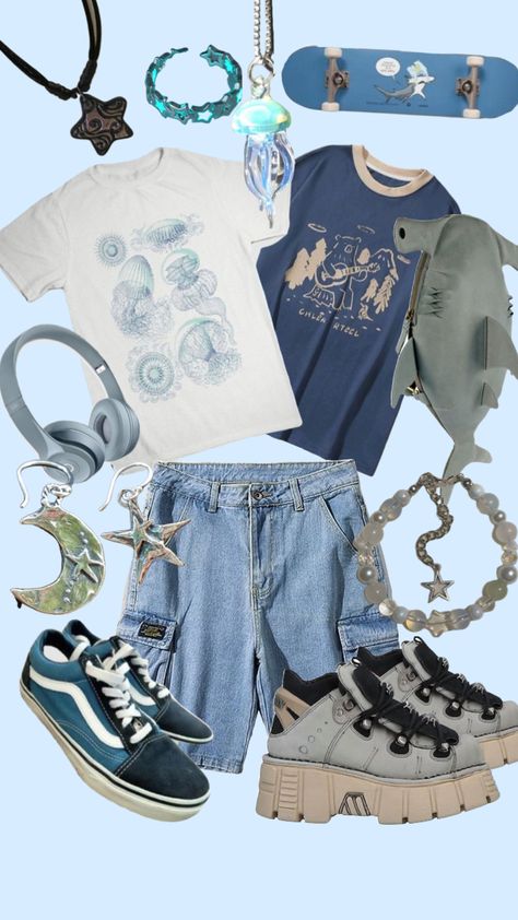 #art #outfitinspo #outfit #inspo #vibes #blue #shark #aesthetic #aestheticcore #oceanboy #blueboy #oceanaesthetic #blueaesthetic #trans #jellyfish Fish Aesthetic Outfit, Blue Shark Aesthetic, Xiao Outfit, Silly Outfits, Shark Clothes, Silly Clothes, Blue Shark, Funky Outfits, One Piece Outfit