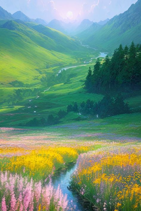 This digital artwork depicts a beautiful green valley surrounded by majestic mountains. Tall trees dot the landscape, while colorful flowers add splashes of vibrant hues. The scene evokes a sense of serenity and peacefulness, inviting the viewer to escape the hustle and bustle of everyday life and immerse themselves in the tranquility of nature. Nature Photography Colorful, Nature, Beautiful Valleys Nature, Green Landscape Drawing, Dreamy Landscapes Photography, Flower Valley Painting, Vibrant Landscape Photography, Fantasy Valley Landscape, Mountain Drawing Color