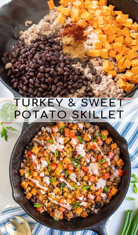 Ground Turkey And Sweet Potato Recipe, Ground Turkey And Sweet Potato, Turkey Sweet Potato Skillet, Turkey And Sweet Potato, Holiday Healthy Snacks, Turkey Sweet Potato, Healthy Turkey Recipes, Potato Skillet, Ground Turkey Recipes Healthy