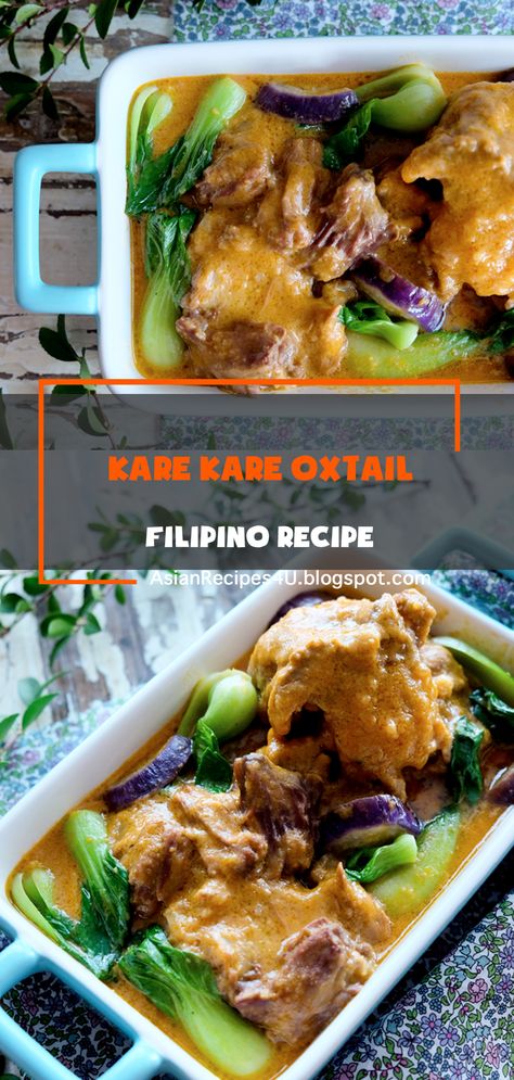 The classic Kare-Kare from the Philippines is a type of stew made with oxtail and simmered in a rich annatto-and-peanut gravy. Oftentimes, you can also find Kare-Kare made with pork hocks, beef shanks, or even regular beef stew meat, but the oxtail version is the most popular, especially during parties and fiestas (Filipino community feasts). #Filipino #Recipes #Kare #Oxtail Kare Kare Recipe Philippines Oxtail Stew, Filipino Stew Recipes, Oxtail Kare Kare Recipe, Easy Kare Kare Recipe, Kate Kare Recipe, Filipino Oxtail Recipes, Kare Kare Instant Pot, Kare Kare Recipe Philippines, Beef Kare Kare Recipe