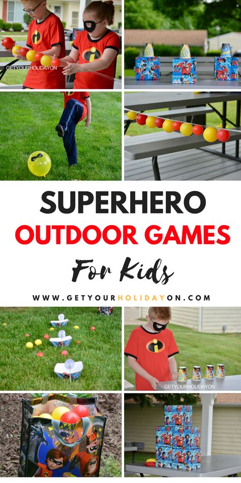 9 of the best Superhero outdoor games I've seen! #momlife #disney #birthday #party Disney Party Games, Super Hero Activities, Incredibles Birthday Party, Superhero Party Games, Super Hero Games, Marvel Birthday Party, Math Board Games, Superhero Crafts, Math Boards