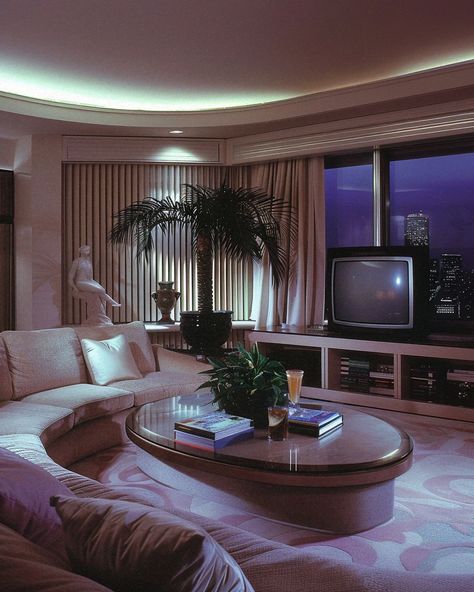 POV: Your luxe but lonely urban penthouse in 1984 💜✨ [AI] Get your wall posters on liminaldestinations.com and AI prompts on Ko-fi (links in bio!) • • • • #80sinterior #1980sinterior #80saesthetic #1980s #80svibes #80snostalgia #80sdecor #80s #80spenthouse #vintage #interiordesign #homedecor #luxuryhomes #midcentury #midcenturymodern #postmodern #luxury 1980s Interior Design Living Rooms, 80s Luxury Penthouse, 80s Inspired Living Room, 80s Retro Interior Design, 80s Penthouse Aesthetic, Cute Penthouse, 90s Penthouse, 90s Living Room Aesthetic, 60s House Interior