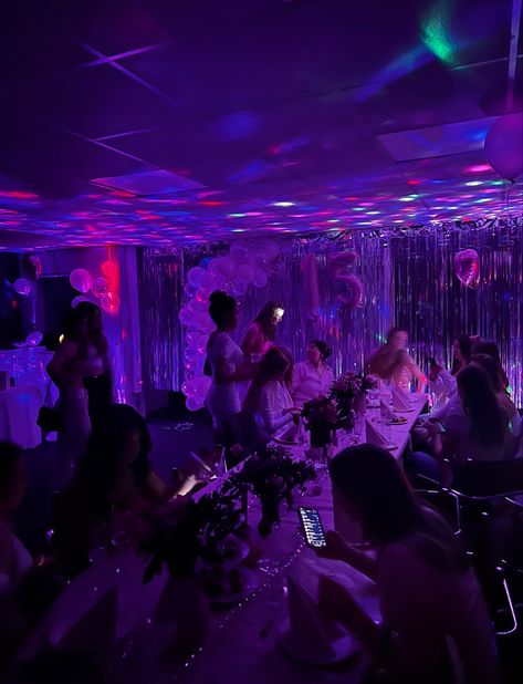 Nightclub Birthday Party, Birthday Themes Purple, Night Club Themed Birthday Party, Rave Themed Birthday Party, Euphoria 16 Birthday Party, Purple Theme Sweet 16, Sweet Sixteen Party Ideas Themes, Sweet 16 Party Aesthetic, Pink Glow Party