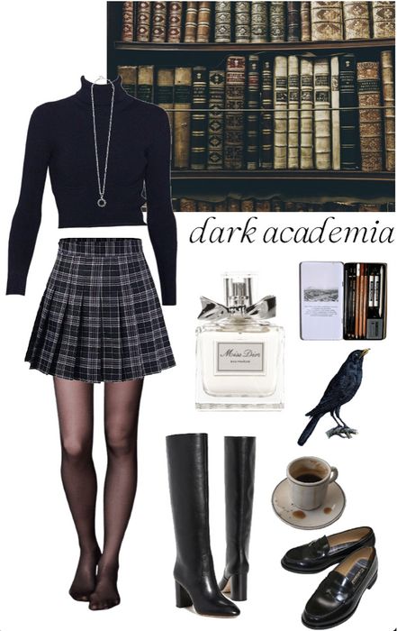 Preppy Witch Outfit, Navy Blue Dark Academia Outfits, Dark Academia Fantasy Aesthetic Outfit, Dark Academia Outfit Women Black, Black And White Dark Academia Outfit, All Black Dark Academia Outfits, Professional Dark Academia Outfit, Dark Academia Outfit Polyvore, Black Women Dark Academia Aesthetic