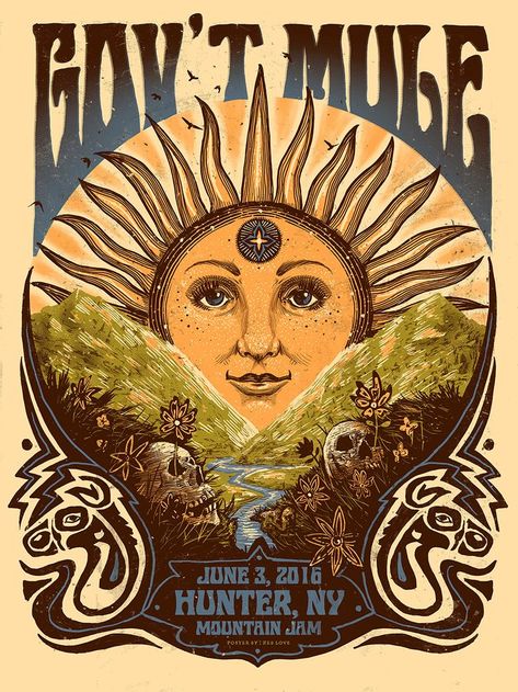 INSIDE THE ROCK POSTER FRAME BLOG: Zeb Love Gov't Mule Mountain Jam Poster Band Posters, Festival Posters, 70s Poster, Hippie Posters, Art Hippie, Psychadelic Art, Arte Inspo, Rock Posters, Vintage Poster Art