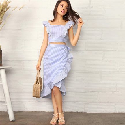 English Clothes, Birthday Skirt, Knotted Skirt, Ruffled Crop Top, Cotton Short Dresses, Shirred Top, Crop Top Skirt Set, Virtual Wardrobe, Top Skirt Set