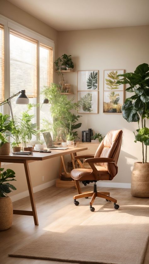 Cozy Plant Office, Cozy Home Office Guest Room, Zen Home Office Decor, Soft Office Design, Office Cozy Design, Office Decor Nature, Biophilic Interior Design Office, Office Nature Design, Cozy Earthy Office