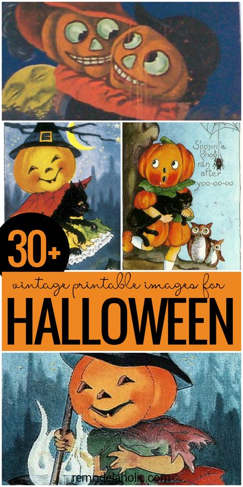 Add something fun and unique to your Halloween decor with one of these 30+ Free Printable Vintage Halloween Images featured on Remodelaholic.com Vintage Halloween Prints, Vintage Halloween Printables, Halloween Costumes Pictures, Vintage Halloween Cards, Vintage Halloween Art, Vintage Halloween Images, Halloween Paper Crafts, Halloween Printables Free, Halloween Clips