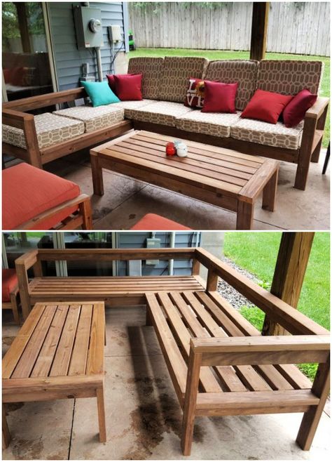 DIY Outdoor Sectional Couch Wooden Outdoor Sofa Diy, Diy 2x4 Outdoor Couch, 2x4 Sectional Couch, Diy Patio Sectional Easy, Diy L Shape Patio Couch, Wood Sectional Outdoor Diy, Wooden Outdoor Couch, Diy Backyard Couch, Easy Outdoor Couch Diy